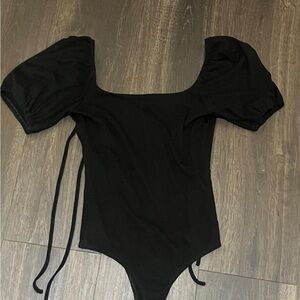 Black Puff Sleeve Open Back Bodysuit